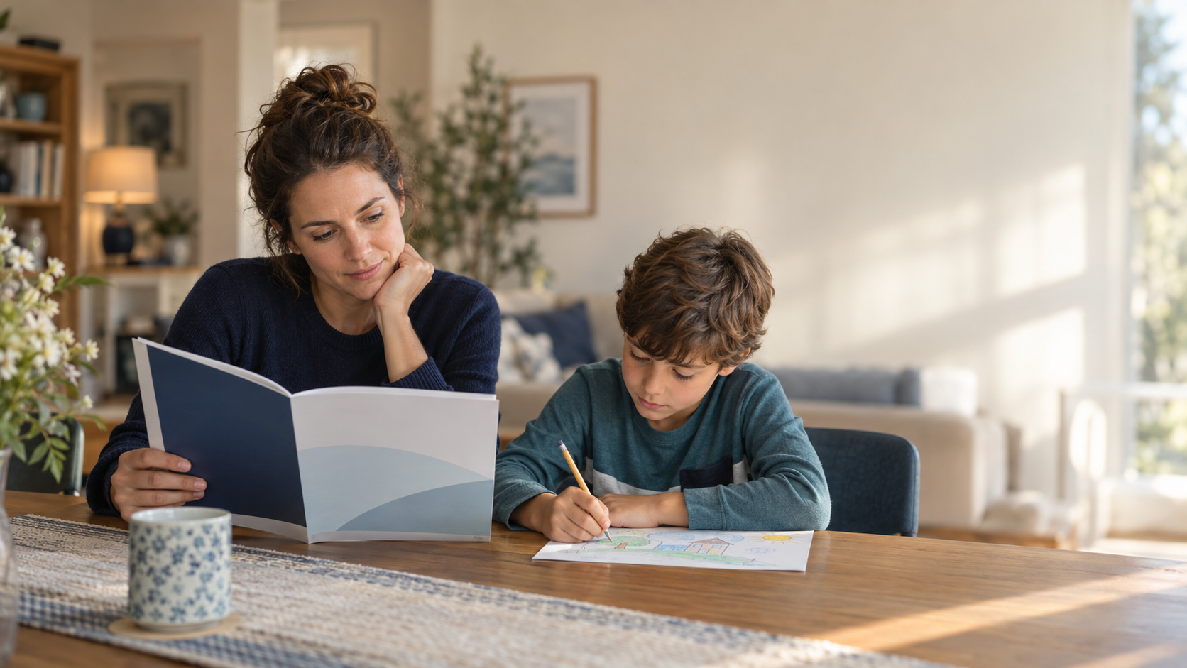 A working parent reviews an employee-benefits booklet while their child draws at the dining table.