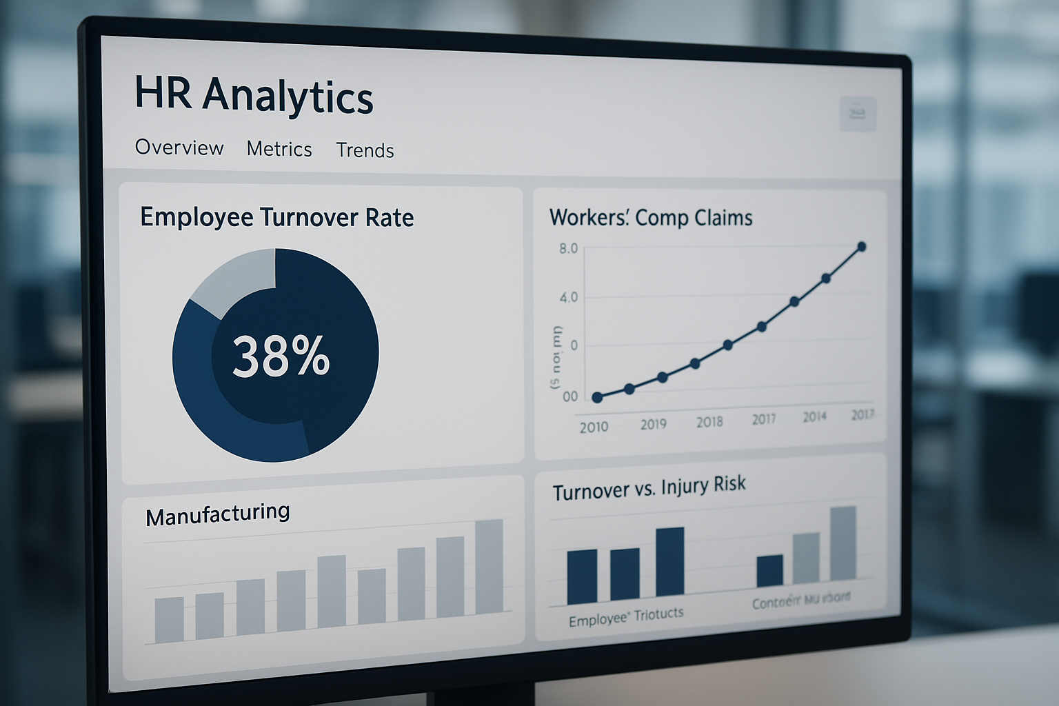 Workforce analytics dashboard showing absenteeism, turnover, and risk indicators used by insurance brokers to reduce client churn.