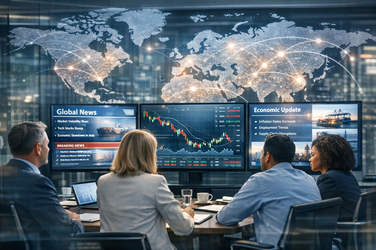 Corporate HR team analyzing global news and financial charts on screens modern office global map overlay