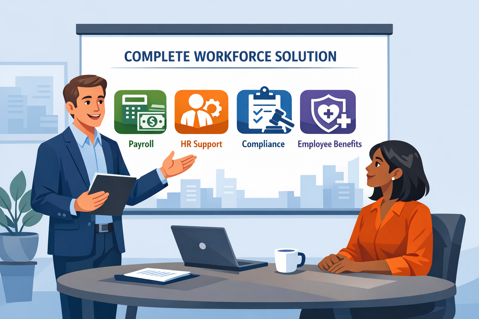 Create a corporate illustration showing a benefits broker presenting a complete workforce solution to a business owner including icons for payroll HR-1