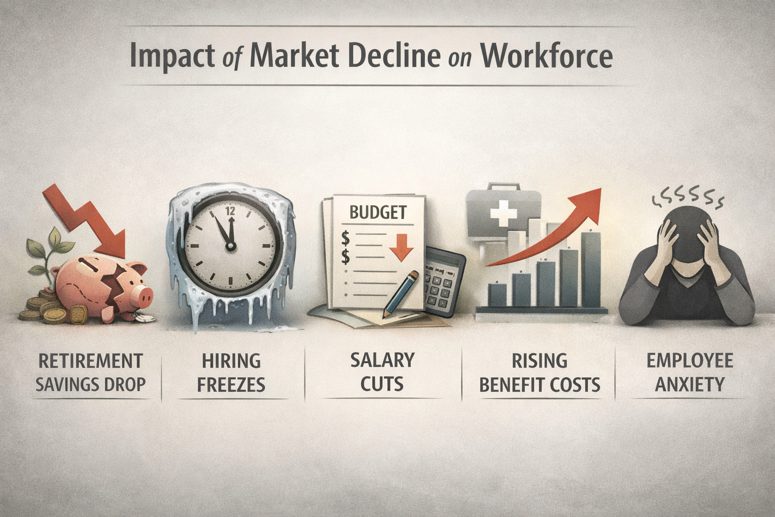 Employee reviewing declining retirement savings and financial data on laptop at home Business leaders discussing hiring plans and budget adjustments during market downturn