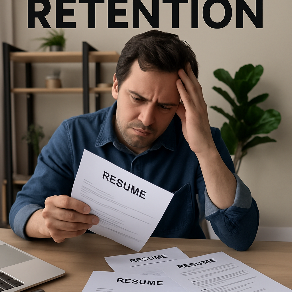 Create an image showing a stressed small business owner reviewing resumes with the headline Hiring and Retention-1