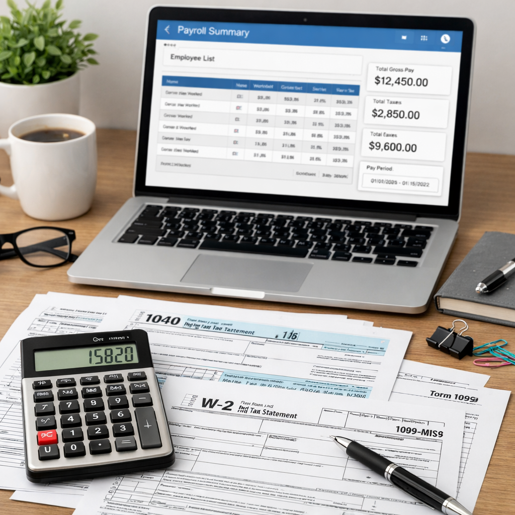 Organized Desk with Payroll Software and Tax Forms-4