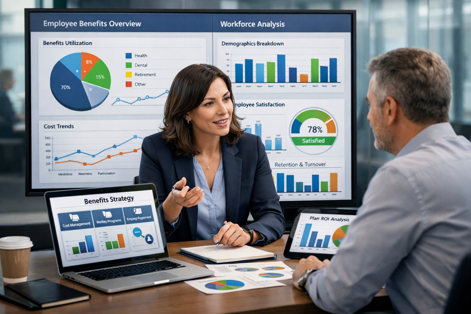 Benefits consultant advising an employer on employee benefits strategy and workforce planning.