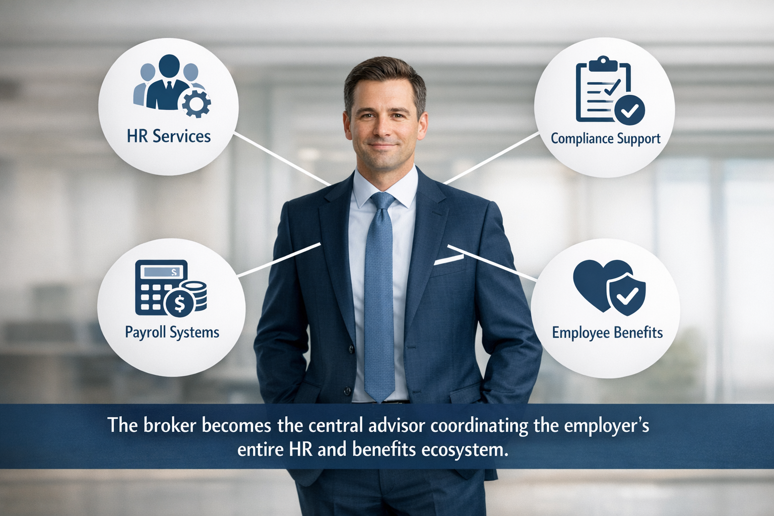 photographic A minimal realistic image of professional Elite Broker Alliance concept broker in the center connected to HR services payroll systems co-1