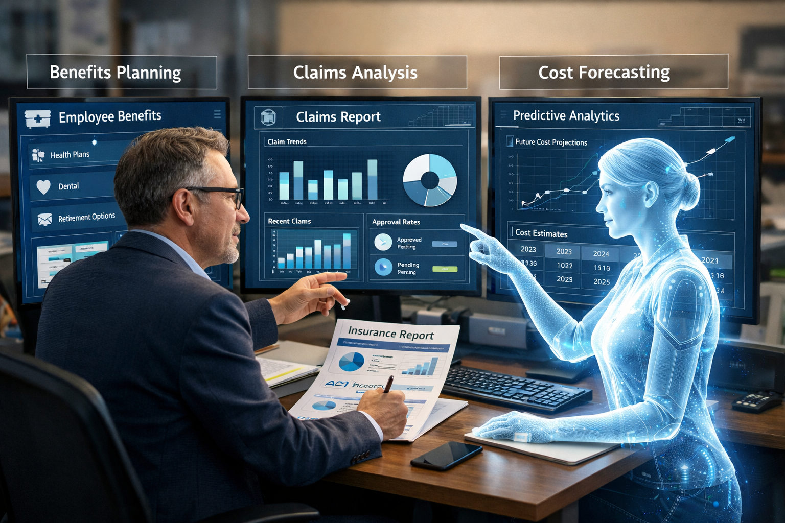 photographic Create a professional concept illustration showing AI assisting an insurance broker with benefits planning claims analysis and predictive-1