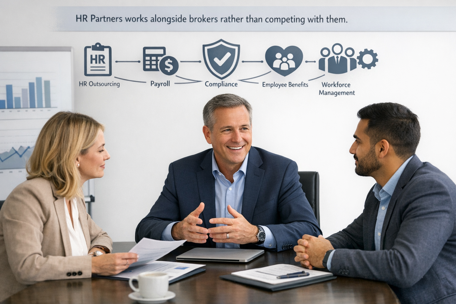 Infographic showing how the Elite Broker Alliance helps brokers deliver HR, payroll, compliance, and benefits solutions.