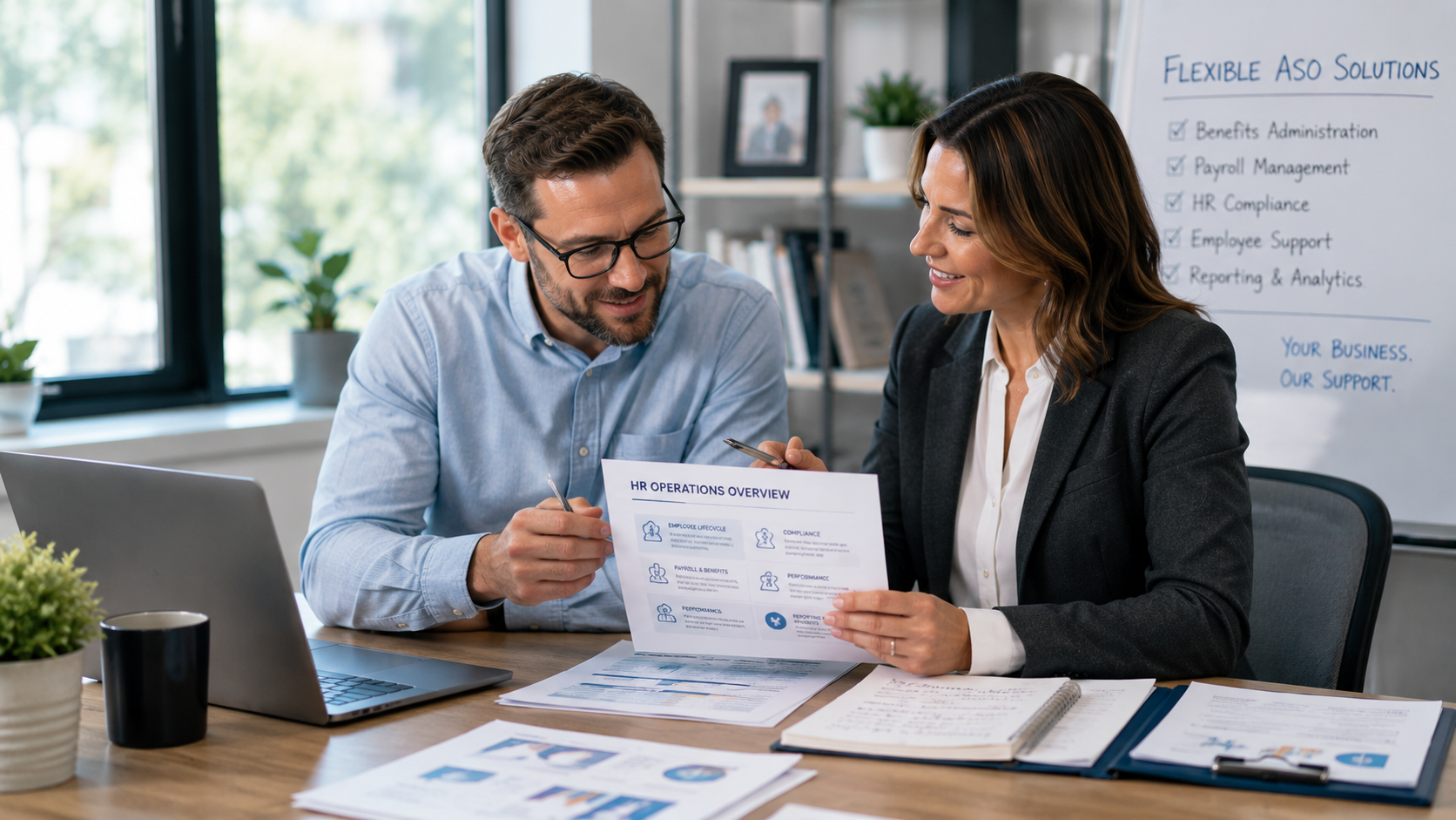 Business owner reviewing HR operations while working with HR specialist, flexible administrative services organization model, collaborative planning session, modern office environment