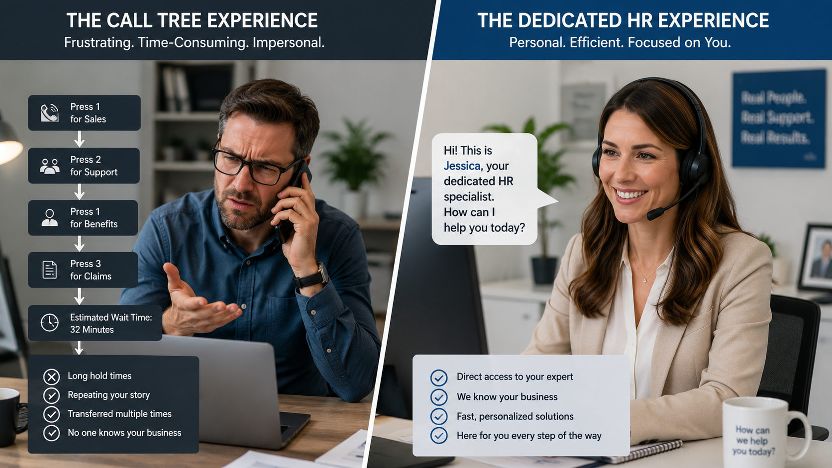 Comparison between automated HR call center support and dedicated HR specialist providing personalized assistance.