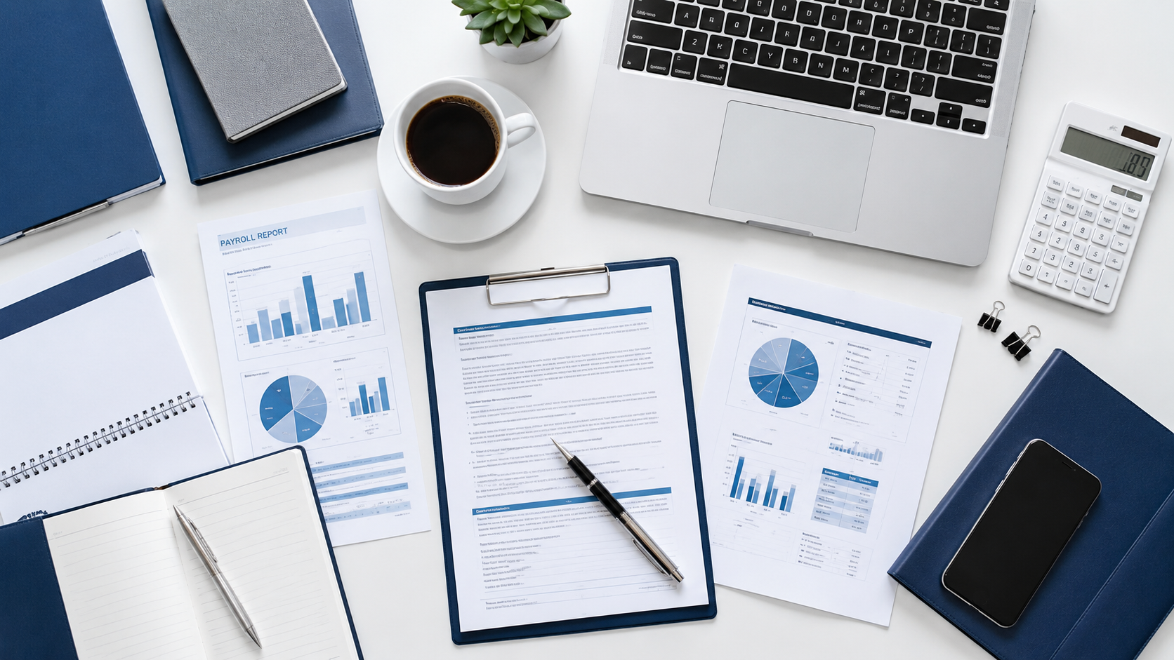 HR compliance paperwork, payroll reports, and office supplies on a modern desk.