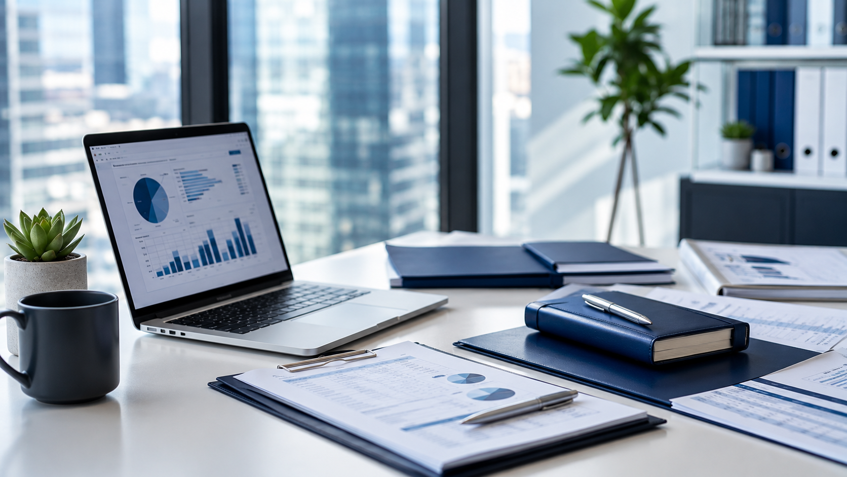 Modern executive workspace with HR compliance documents, laptop, and financial reports in a professional office.