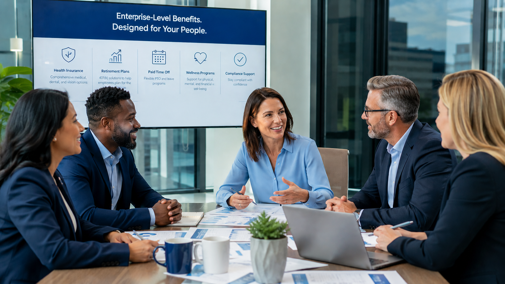 Professional small business leadership team meeting with HR consultant discussing employee benefits strategy, diverse executives reviewing benefits plans, modern conference room, collaborative atmosphere