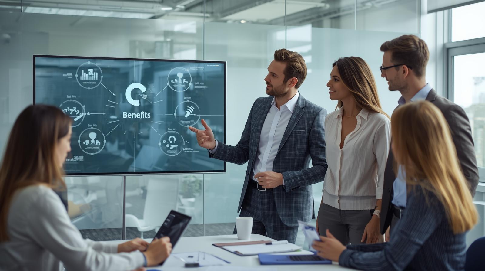 Professional team scene showing broker leading benefits discussion while HR outsourcing team supports operations, modern office modern visualization graphic with icons a