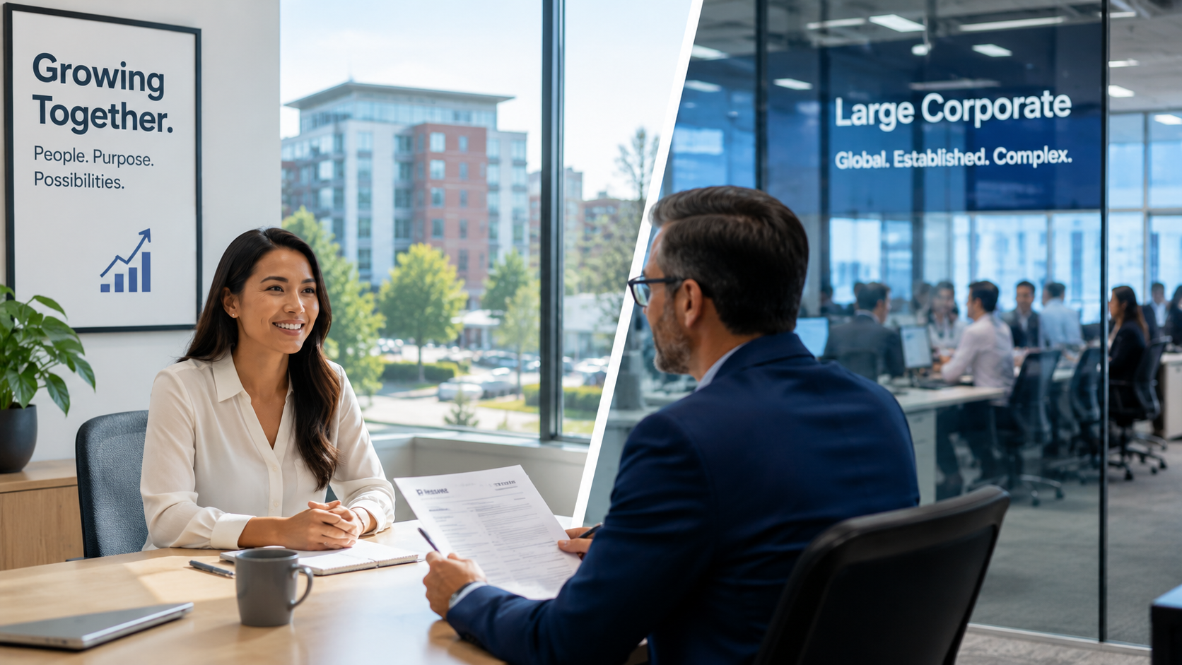 Small business owner interviewing a talented professional, comparison between growing business and large corporate office in background